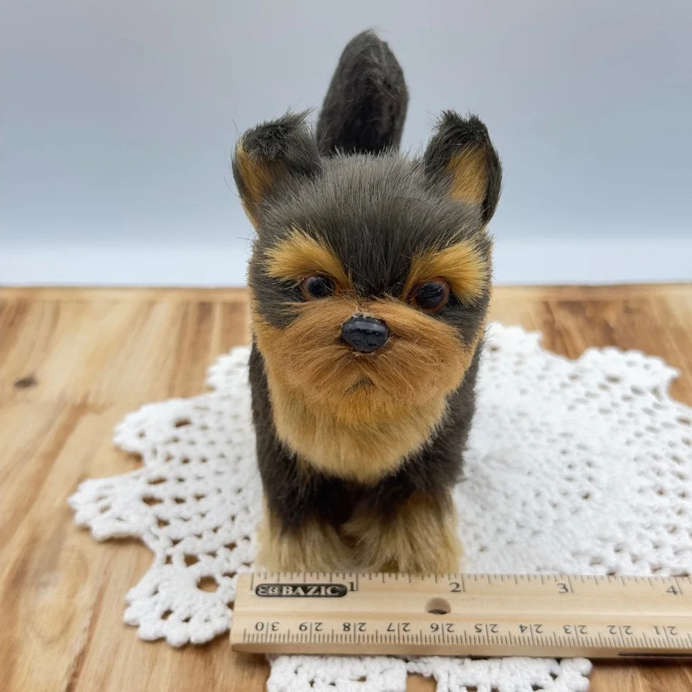 Yorkshire Terrier Dog Figurine Black Tan Realistic Faux Fur Vintage Decor Animal